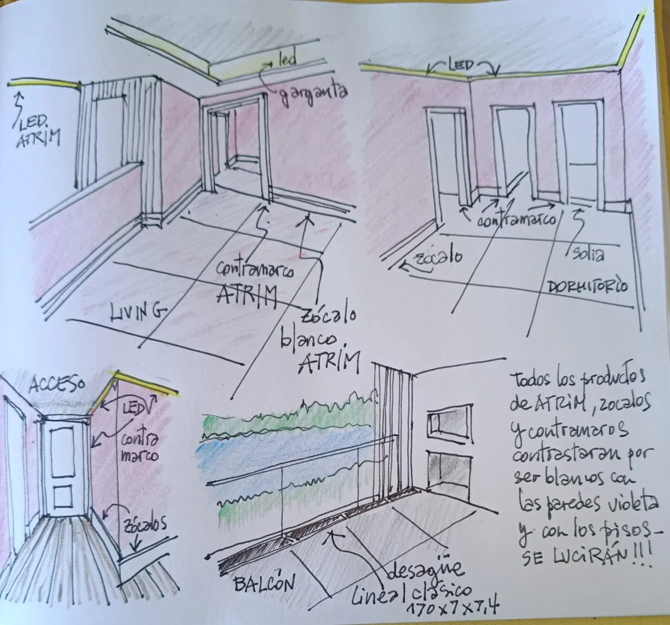 Bocetos de detalles y materiales de interior por Claudio Wertheim