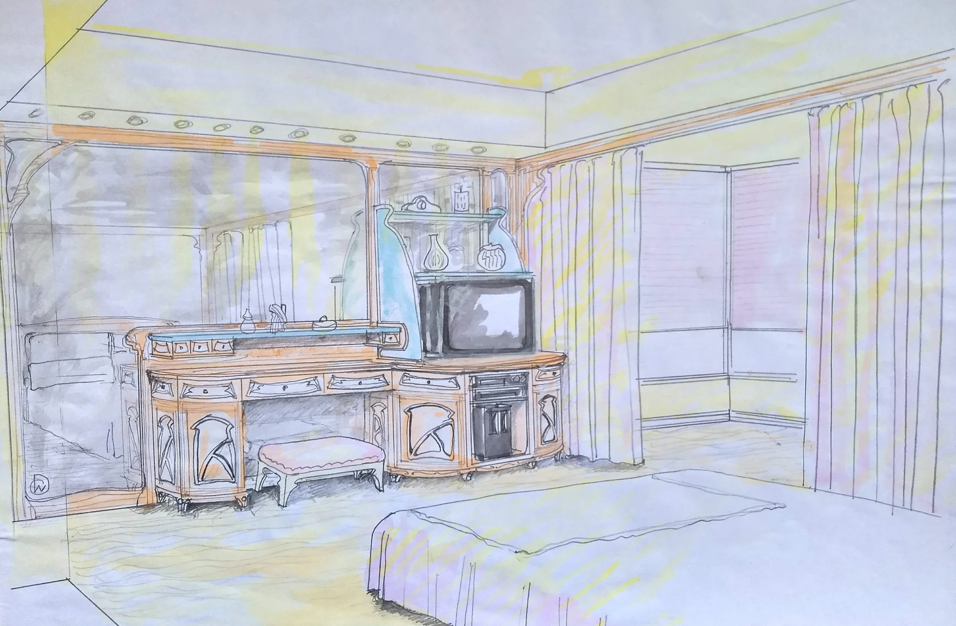 Perspectiva de interior dibujada a mano por Claudio Wertheim