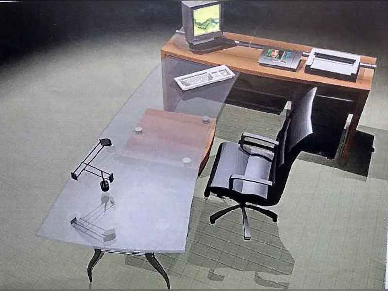 LÍNEA DE MUEBLES DE OFICINA EN MADERA ENCHAPADA CON TAPA DE CRISTAL Y PATAS DE ALUMINIO COLADO.